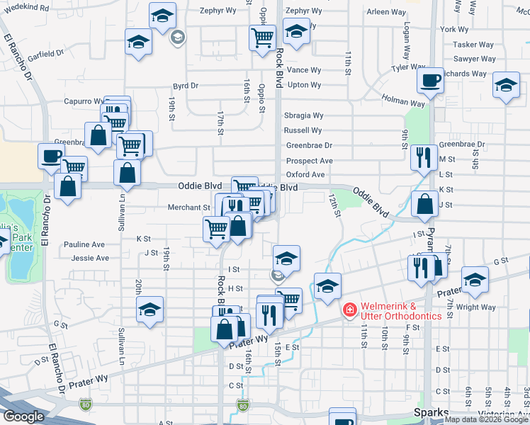 map of restaurants, bars, coffee shops, grocery stores, and more near 1260 Commerce Street in Sparks