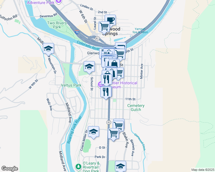 map of restaurants, bars, coffee shops, grocery stores, and more near in Glenwood Springs