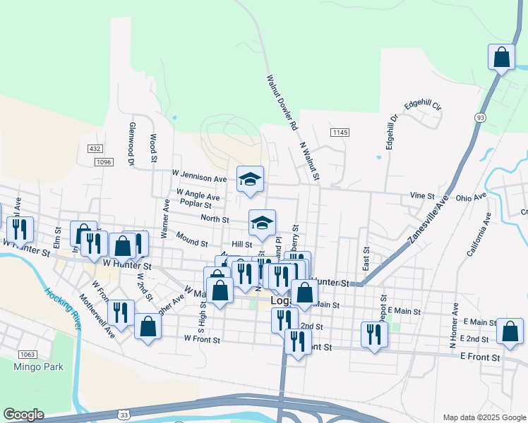map of restaurants, bars, coffee shops, grocery stores, and more near 445 North Market Street in Logan