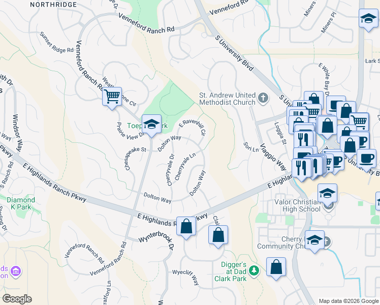 map of restaurants, bars, coffee shops, grocery stores, and more near 9412 South Alcosta Place in Littleton