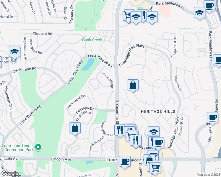 map of restaurants, bars, coffee shops, grocery stores, and more near 9497 Brook Lane in Lone Tree