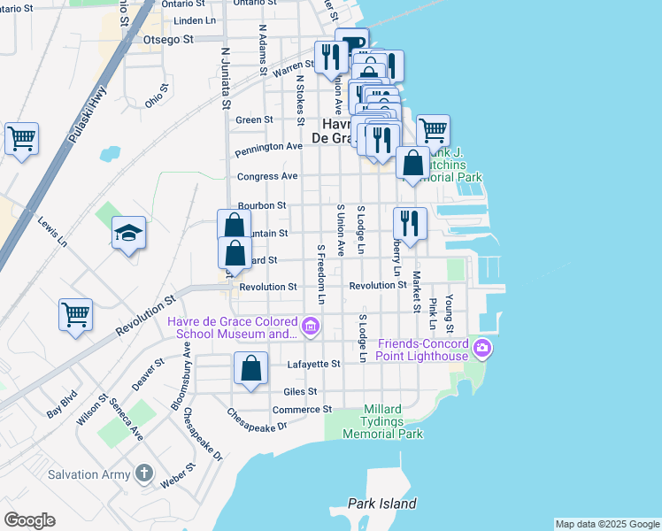map of restaurants, bars, coffee shops, grocery stores, and more near 508 Girard Street in Havre de Grace
