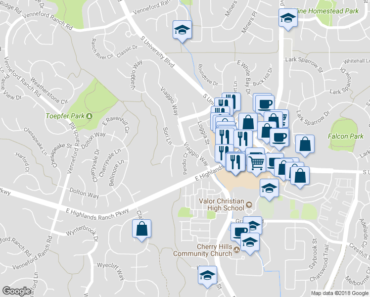 map of restaurants, bars, coffee shops, grocery stores, and more near 9493 Pendio Court in Littleton