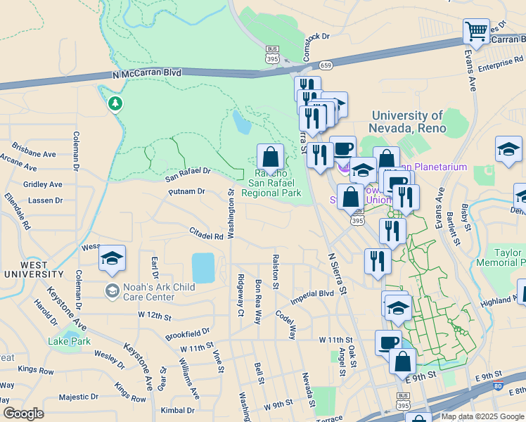 map of restaurants, bars, coffee shops, grocery stores, and more near 575 Putnam Drive in Reno