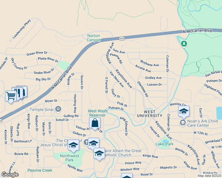 map of restaurants, bars, coffee shops, grocery stores, and more near 1701 Geary Street in Reno