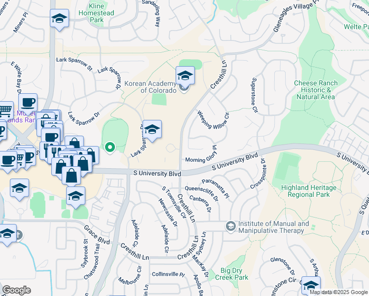 map of restaurants, bars, coffee shops, grocery stores, and more near 9425 Morning Glory Lane in Littleton