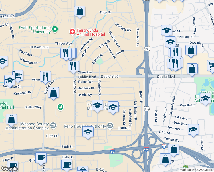 map of restaurants, bars, coffee shops, grocery stores, and more near 1520 Trainer Way in Reno
