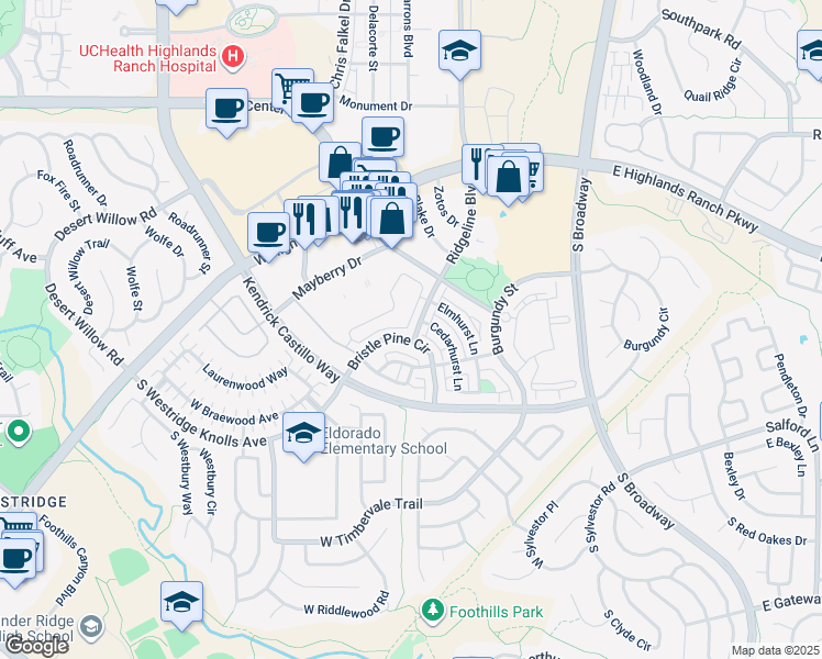 map of restaurants, bars, coffee shops, grocery stores, and more near 750 South Ridgeline Boulevard in Highlands Ranch