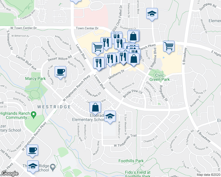 map of restaurants, bars, coffee shops, grocery stores, and more near 1200 Rockhurst Drive in Highlands Ranch