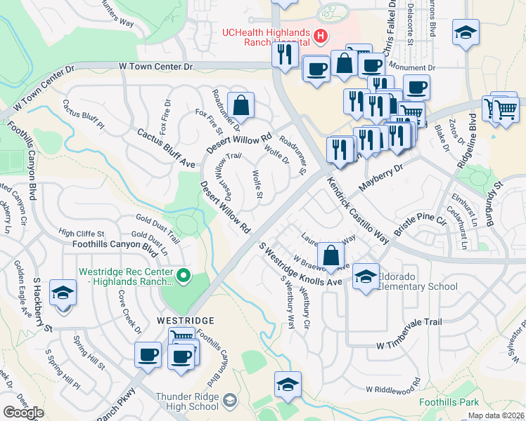 map of restaurants, bars, coffee shops, grocery stores, and more near 9470 Wolfe Place in Littleton
