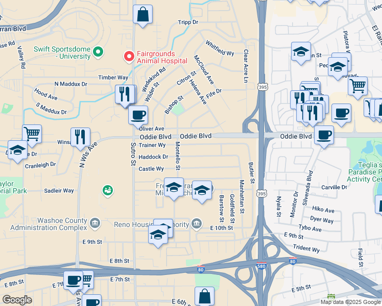map of restaurants, bars, coffee shops, grocery stores, and more near 1520 Trainer Way in Reno