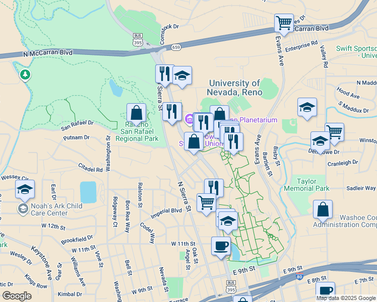 map of restaurants, bars, coffee shops, grocery stores, and more near 1560 Hillside Drive in Reno