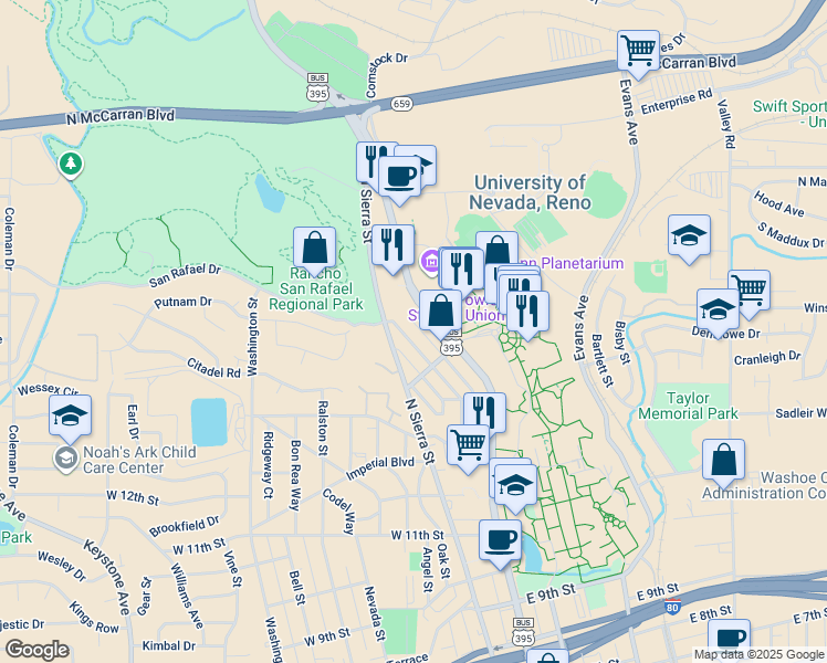 map of restaurants, bars, coffee shops, grocery stores, and more near 1560 Hillside Drive in Reno