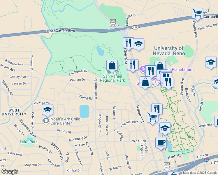 map of restaurants, bars, coffee shops, grocery stores, and more near 575 Putnam Drive in Reno