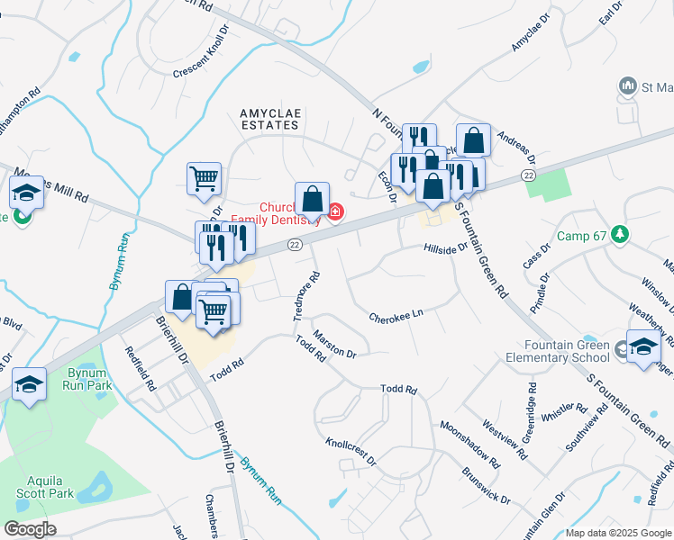map of restaurants, bars, coffee shops, grocery stores, and more near 1309 Cherokee Ln in Bel Air