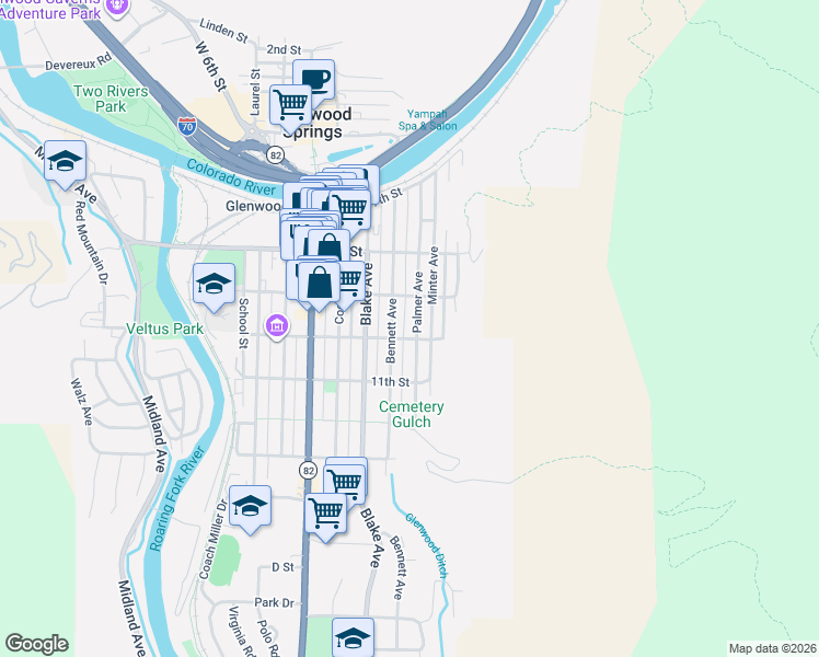 map of restaurants, bars, coffee shops, grocery stores, and more near 922 Palmer Ave in Glenwood Springs