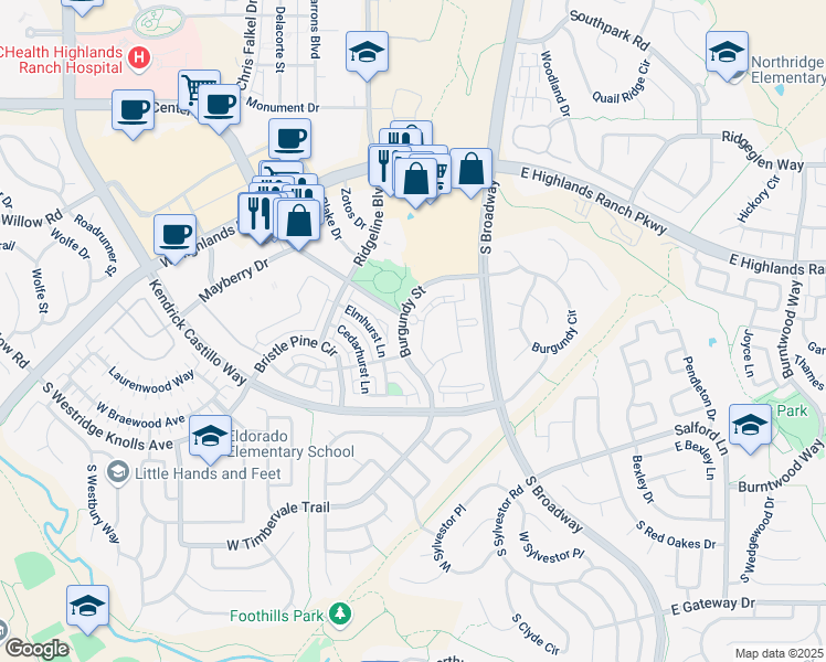 map of restaurants, bars, coffee shops, grocery stores, and more near 355 West Burgundy Street in Highlands Ranch