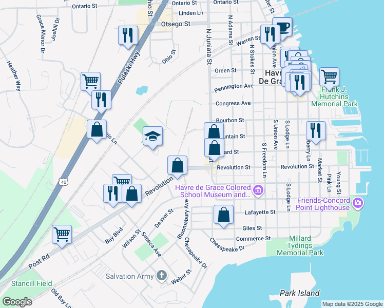 map of restaurants, bars, coffee shops, grocery stores, and more near 907 Maryland 7A in Havre de Grace