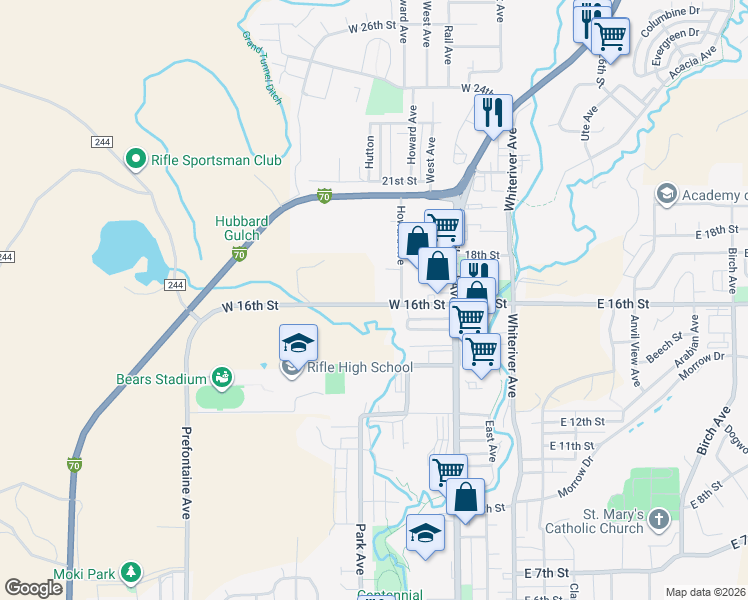 map of restaurants, bars, coffee shops, grocery stores, and more near 420 West 16th Street in Rifle