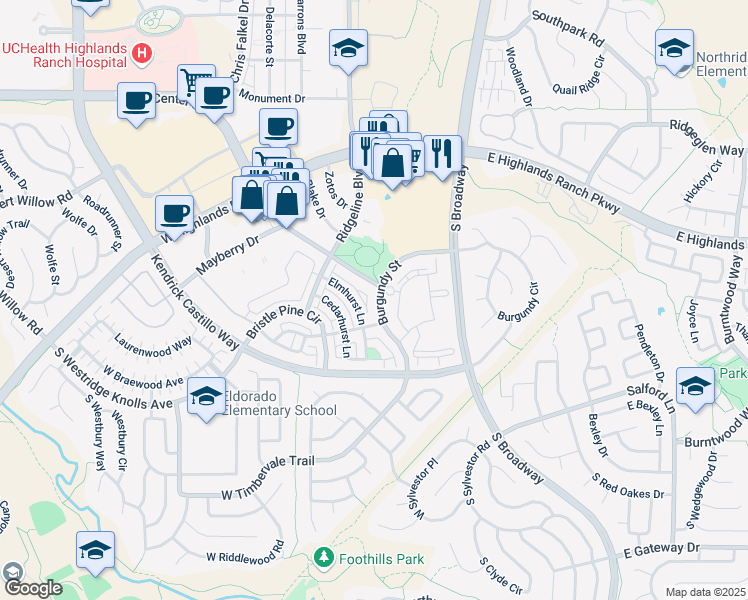 map of restaurants, bars, coffee shops, grocery stores, and more near 601 West Burgundy Street in Highlands Ranch