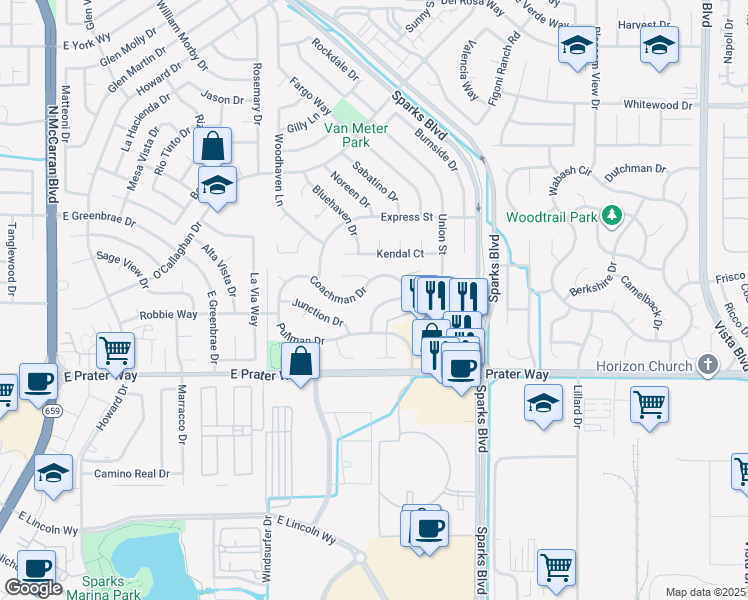map of restaurants, bars, coffee shops, grocery stores, and more near 1155 Union Street in Sparks