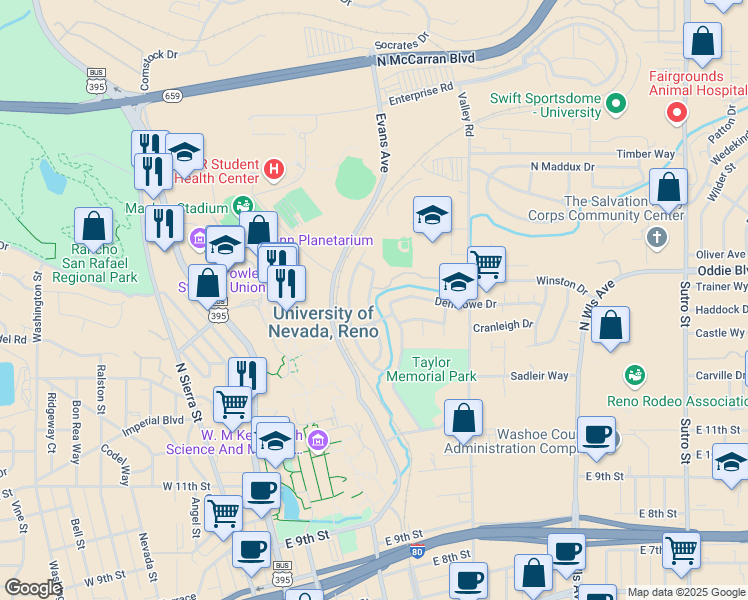 map of restaurants, bars, coffee shops, grocery stores, and more near 160 Bisby Street in Reno