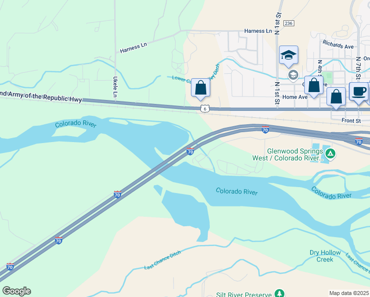 map of restaurants, bars, coffee shops, grocery stores, and more near Interstate 70 in Silt