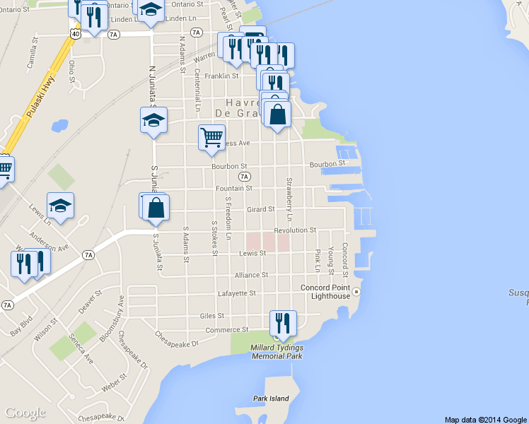 map of restaurants, bars, coffee shops, grocery stores, and more near 410 Girard St in Havre de Grace
