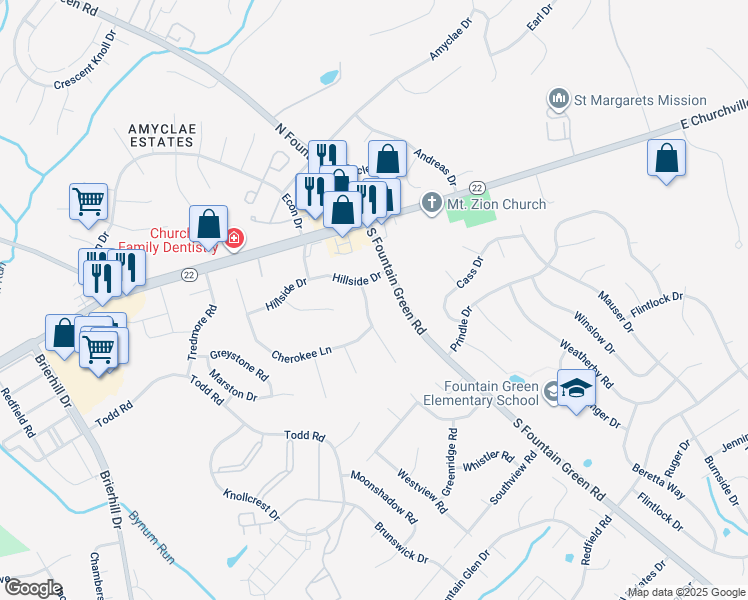 map of restaurants, bars, coffee shops, grocery stores, and more near 303 Lakeside Drive in Bel Air