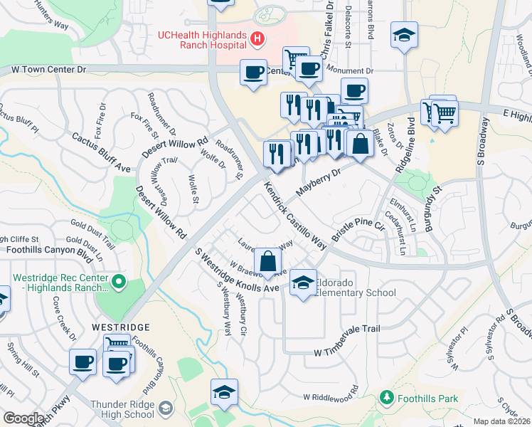 map of restaurants, bars, coffee shops, grocery stores, and more near 9462 Carlyle Park Place in Littleton