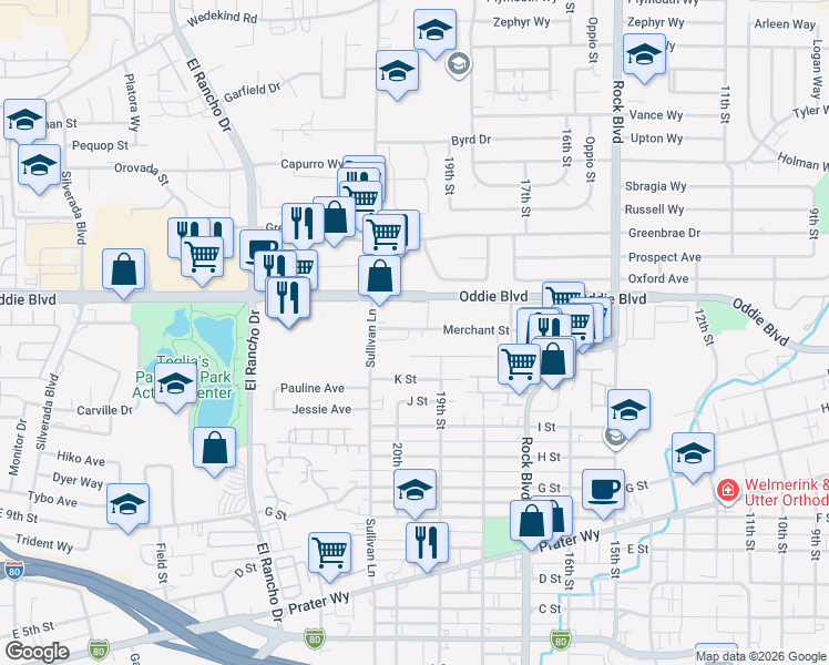 map of restaurants, bars, coffee shops, grocery stores, and more near 1925 Merchant Street in Sparks
