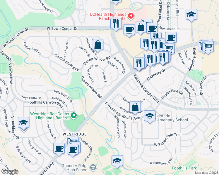 map of restaurants, bars, coffee shops, grocery stores, and more near 9470 Wolfe Place in Littleton