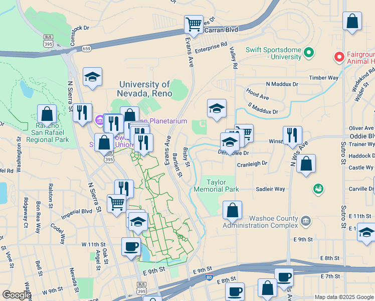 map of restaurants, bars, coffee shops, grocery stores, and more near 175 Bisby Street in Reno