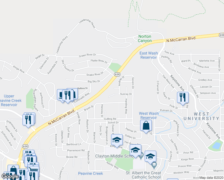 map of restaurants, bars, coffee shops, grocery stores, and more near 2640 Emily Street in Reno