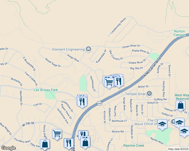 map of restaurants, bars, coffee shops, grocery stores, and more near 3917 Kings Row in Reno