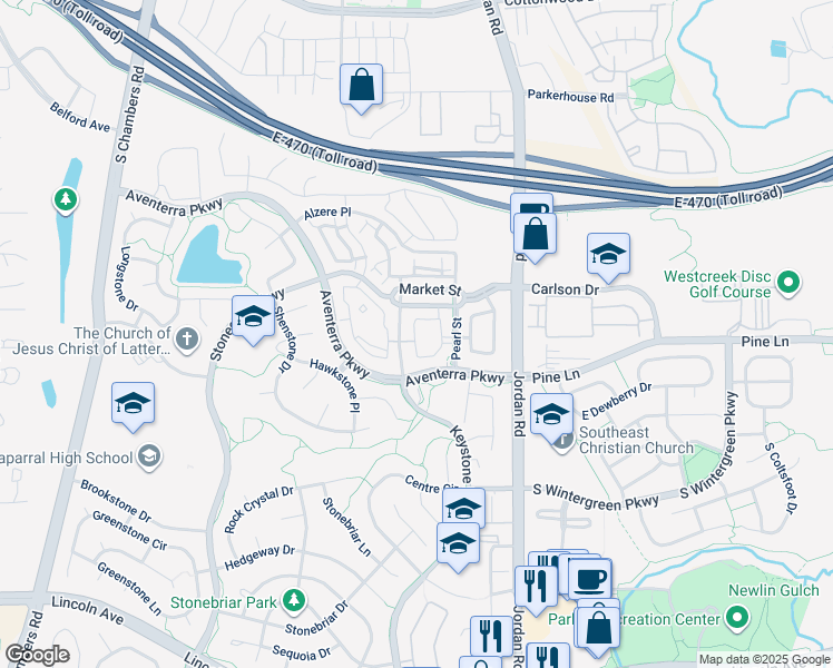 map of restaurants, bars, coffee shops, grocery stores, and more near 9551 Pearl Circle in Parker