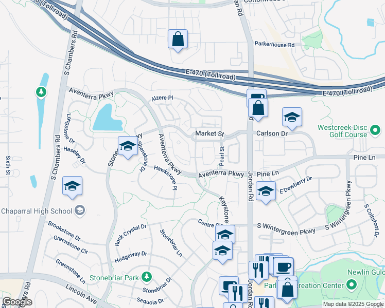 map of restaurants, bars, coffee shops, grocery stores, and more near 9382 Ashbury Circle in Parker
