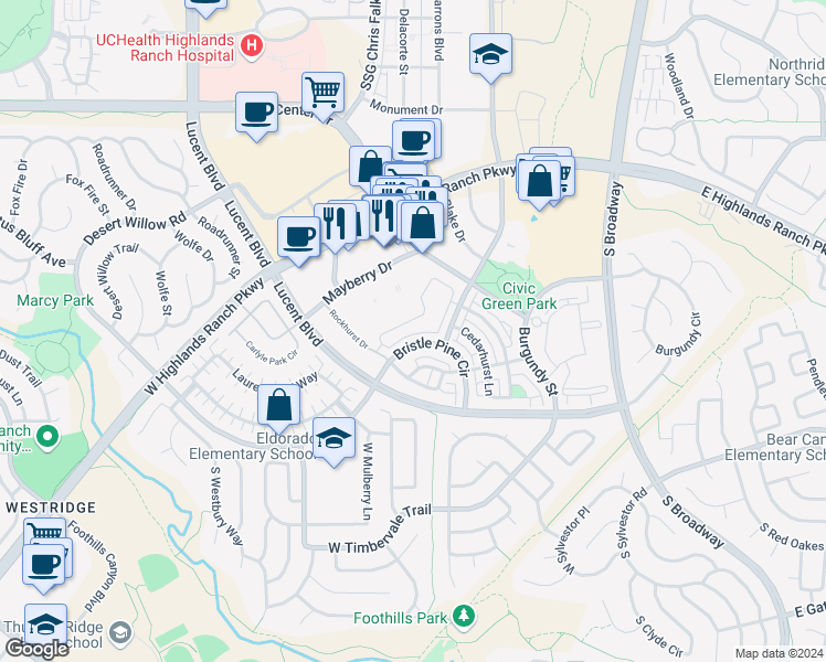 map of restaurants, bars, coffee shops, grocery stores, and more near 9414 Rockhurst Street in Highlands Ranch