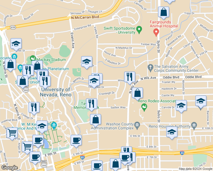 map of restaurants, bars, coffee shops, grocery stores, and more near 585 Denslowe Drive in Reno