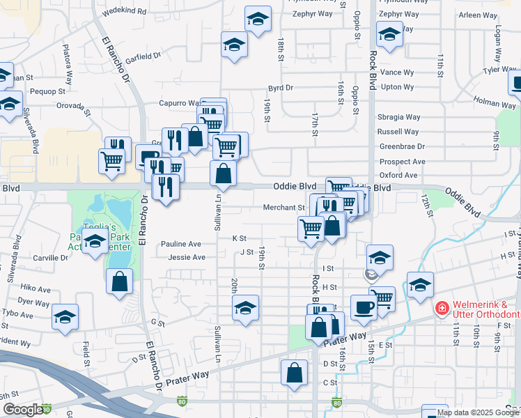 map of restaurants, bars, coffee shops, grocery stores, and more near 1889 Merchant Street in Sparks
