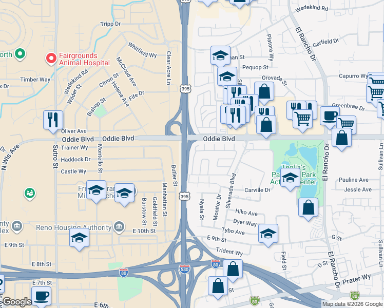map of restaurants, bars, coffee shops, grocery stores, and more near 86-98 Lilac Lane in Reno