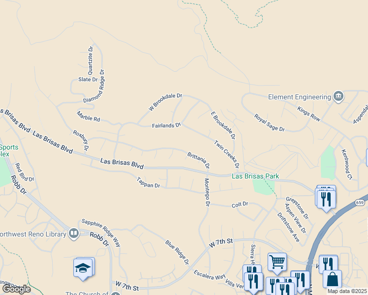 map of restaurants, bars, coffee shops, grocery stores, and more near 5531 Brittania Drive in Reno