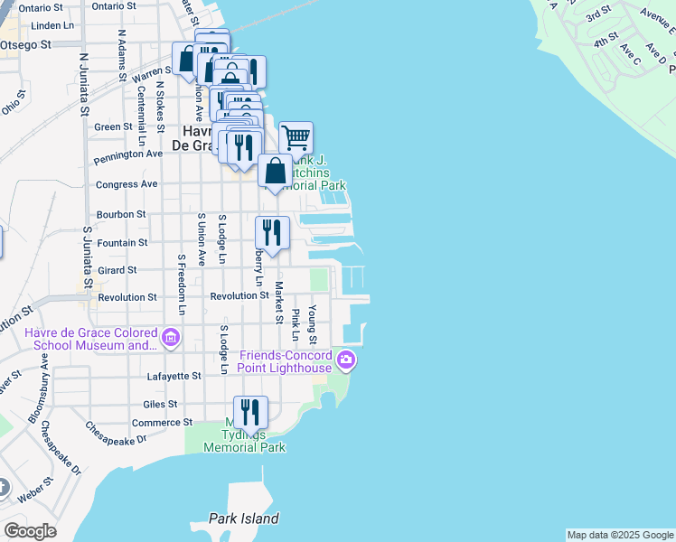 map of restaurants, bars, coffee shops, grocery stores, and more near 413 Concord Street in Havre de Grace
