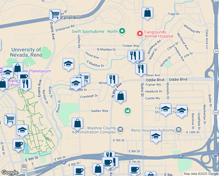 map of restaurants, bars, coffee shops, grocery stores, and more near 960 Southworth Drive in Reno