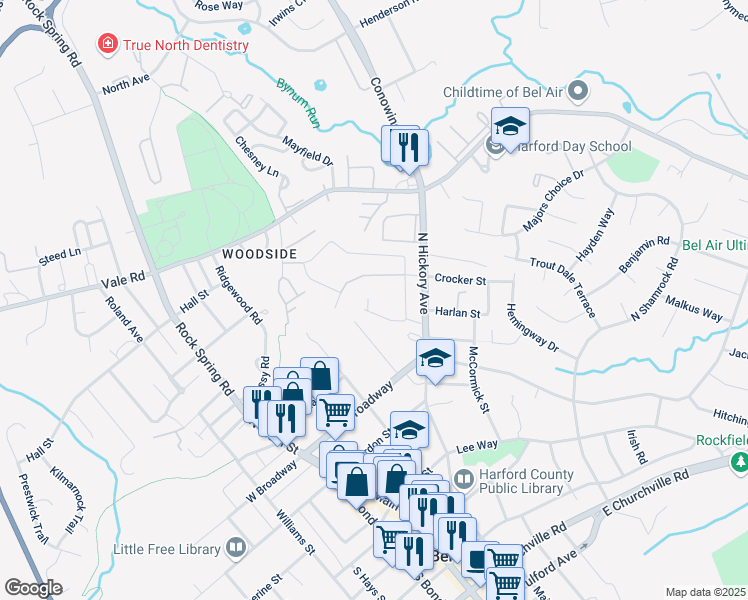 map of restaurants, bars, coffee shops, grocery stores, and more near 202 Timber Trail in Bel Air