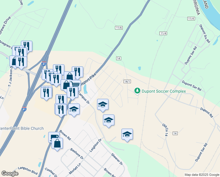 map of restaurants, bars, coffee shops, grocery stores, and more near 106 Vespucci Lane in Martinsburg