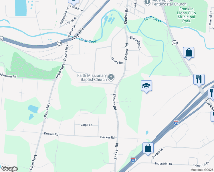 map of restaurants, bars, coffee shops, grocery stores, and more near 5731 Olive Road in Franklin