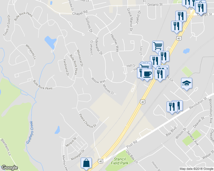 map of restaurants, bars, coffee shops, grocery stores, and more near 307 Whitney Court in Havre de Grace