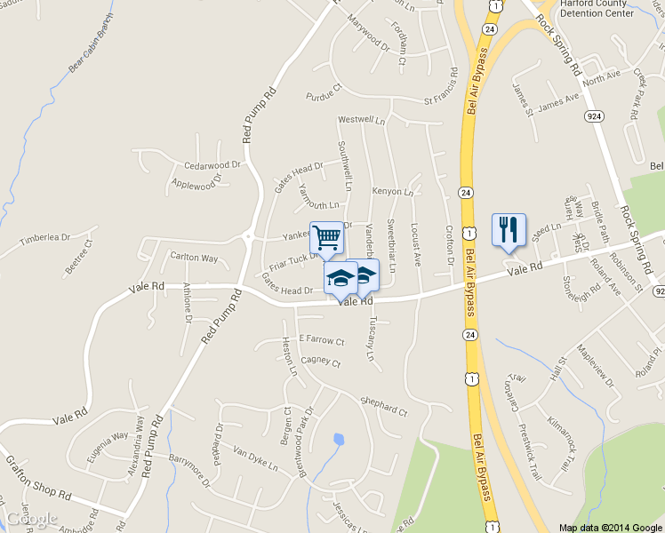 map of restaurants, bars, coffee shops, grocery stores, and more near 1309 Ipswich Dr in Bel Air