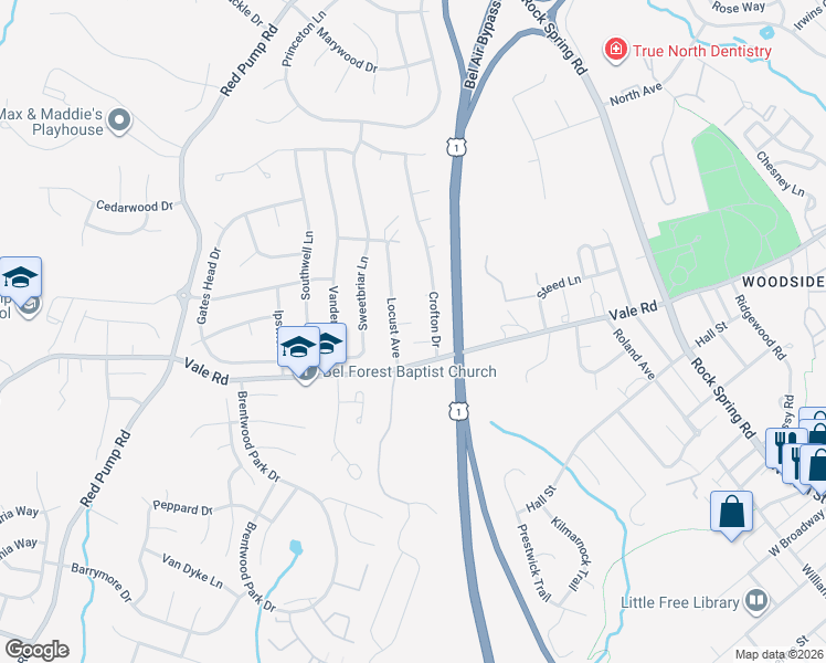 map of restaurants, bars, coffee shops, grocery stores, and more near 504 Summervale Court in Bel Air